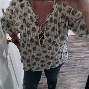 Denim & Supply Ralph Lauren, Gauzy type, white floral, lace-up blouse